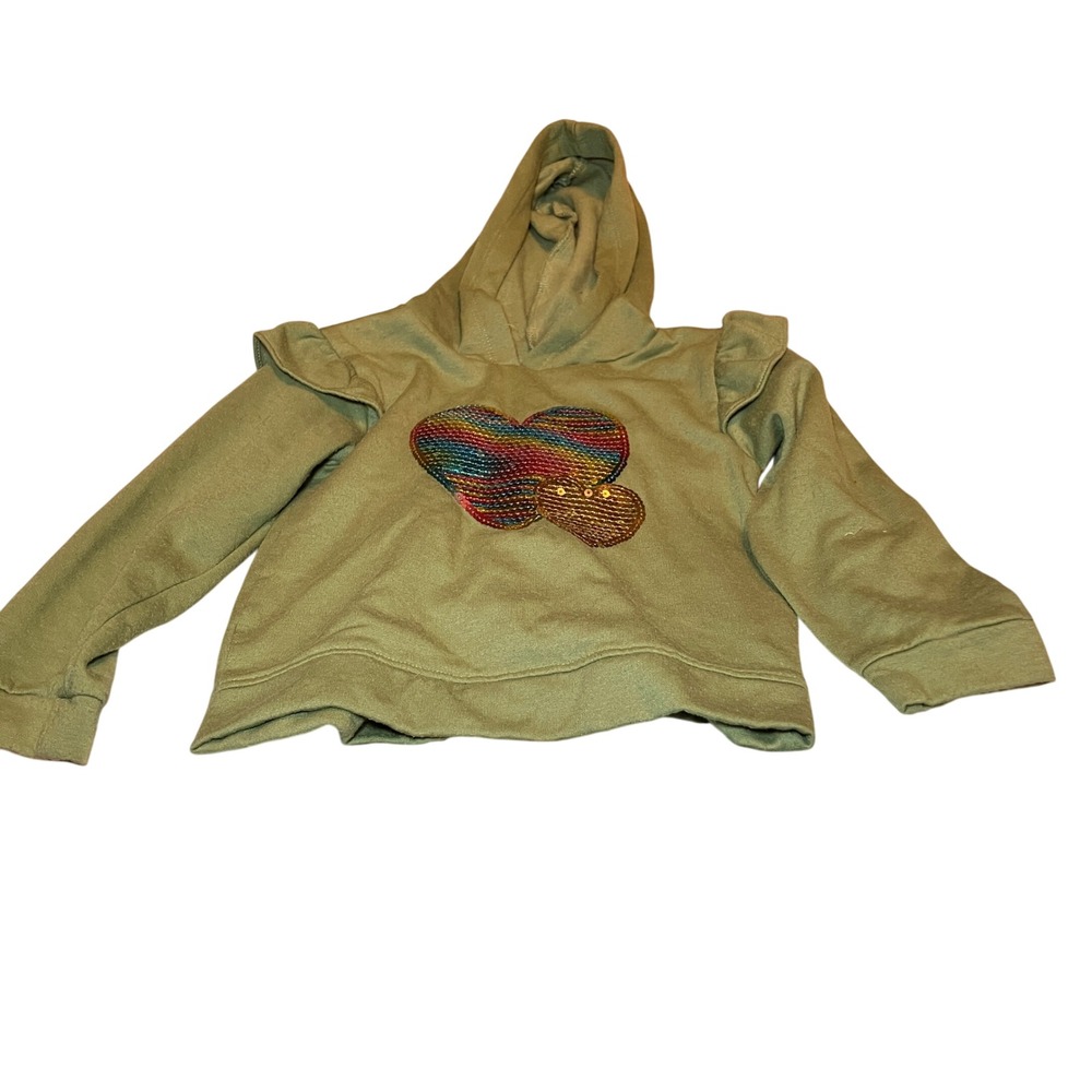 My Destiny Size 4T Kids Girls Green Ruffle Sleeve Heart Sequin Hoodie.